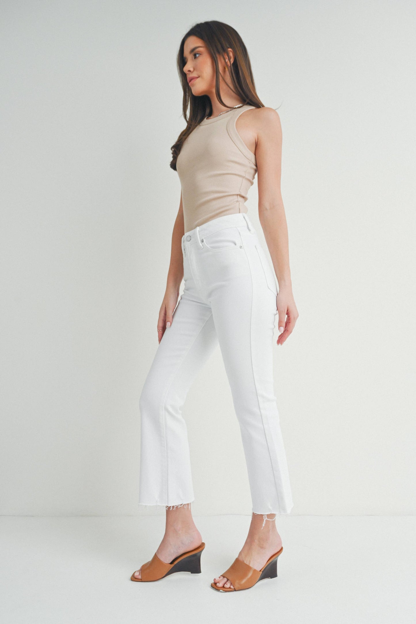 High Rise Crop Flare Jeans w/ Distressed Hem