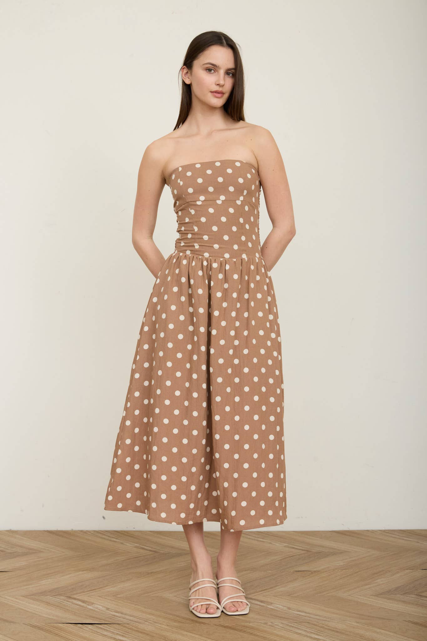 Brown Polka Dot Strapless Midi Dress