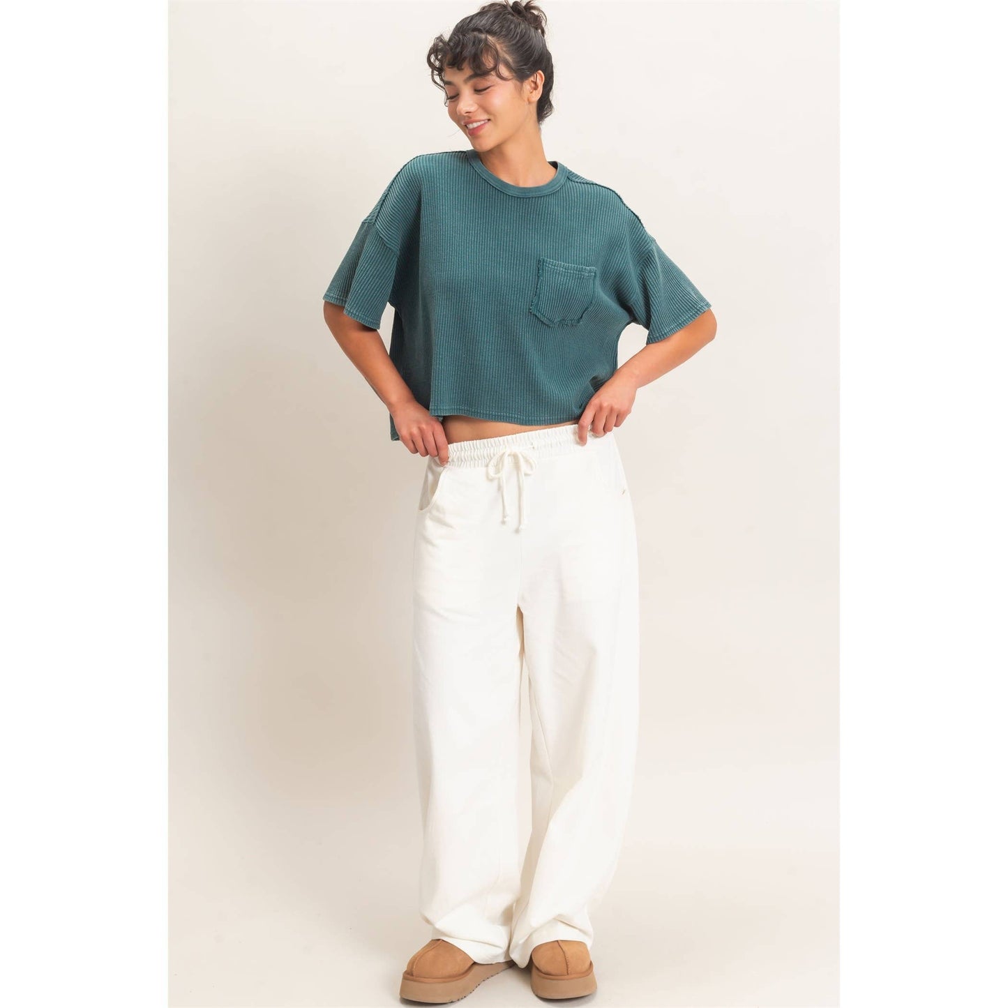 Mineral Wash Waffle Knit Pocket Top