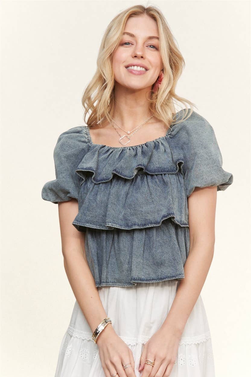 Washed Denim Tiered Ruffle Top