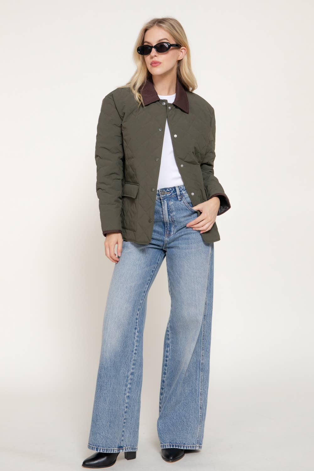 Olive Lapel Collar Quilted Puffer Jacket