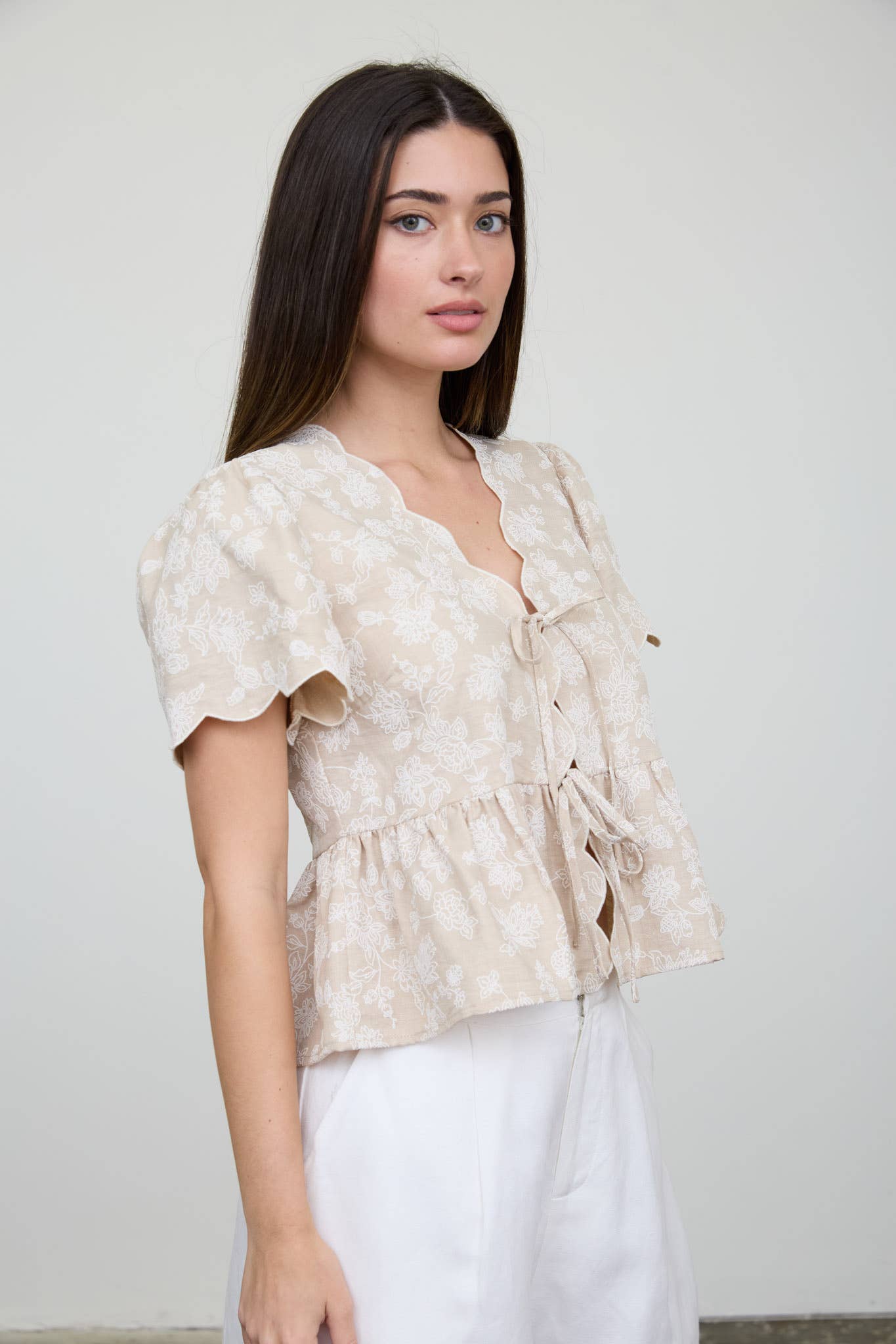 Floral Embroidery Front Tie Scalloped Peplum Top