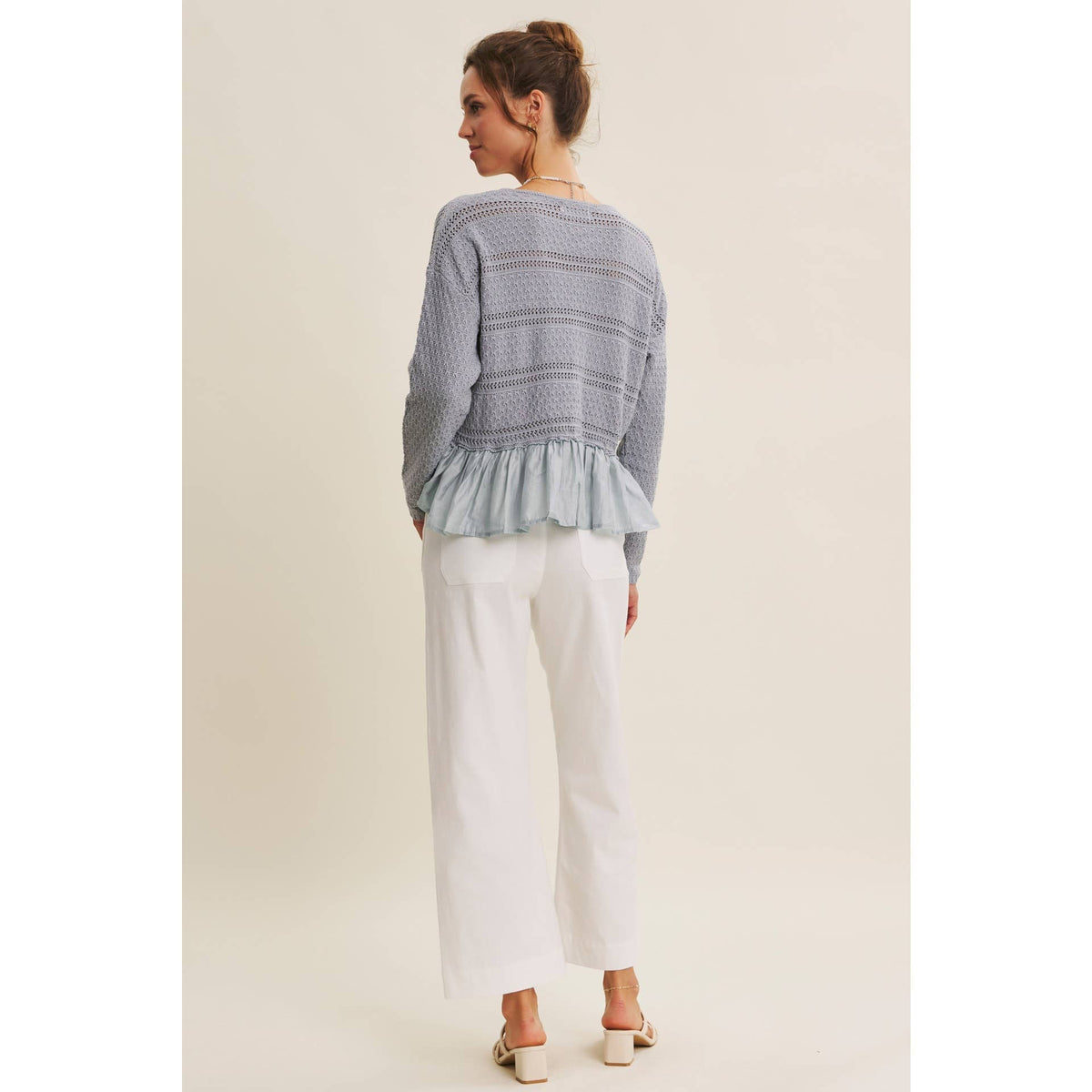 Slate Blue Ruffle Hem Crochet Sweater