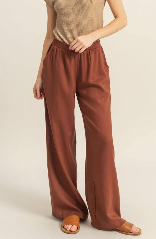 Elasticized Waist Rust Linen Pants