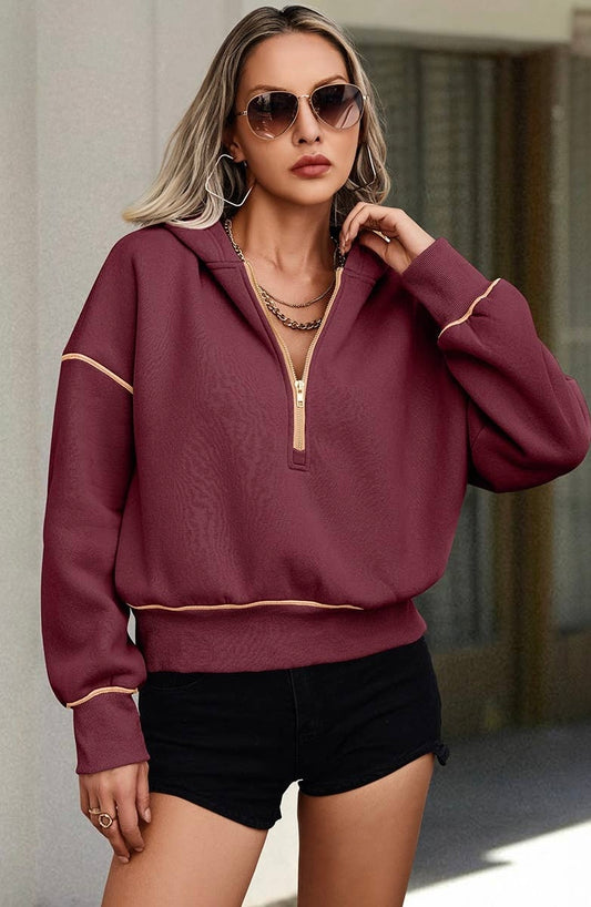 Wine Color Block Half Zip Loose Fit Hoodie