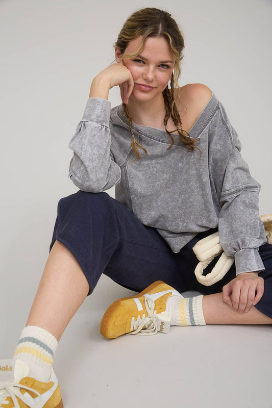 V-Neck Distressed Washed Long Sleeve Top