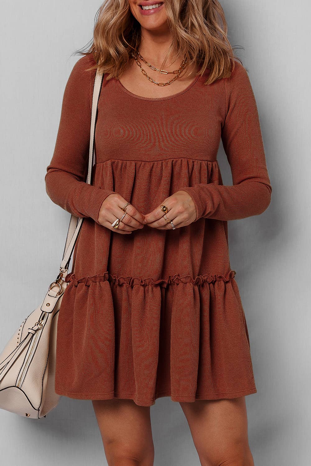Ribbed Frilled Trim Long Sleeve Dress