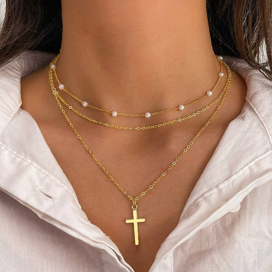 Layered Pearl Cross Necklace