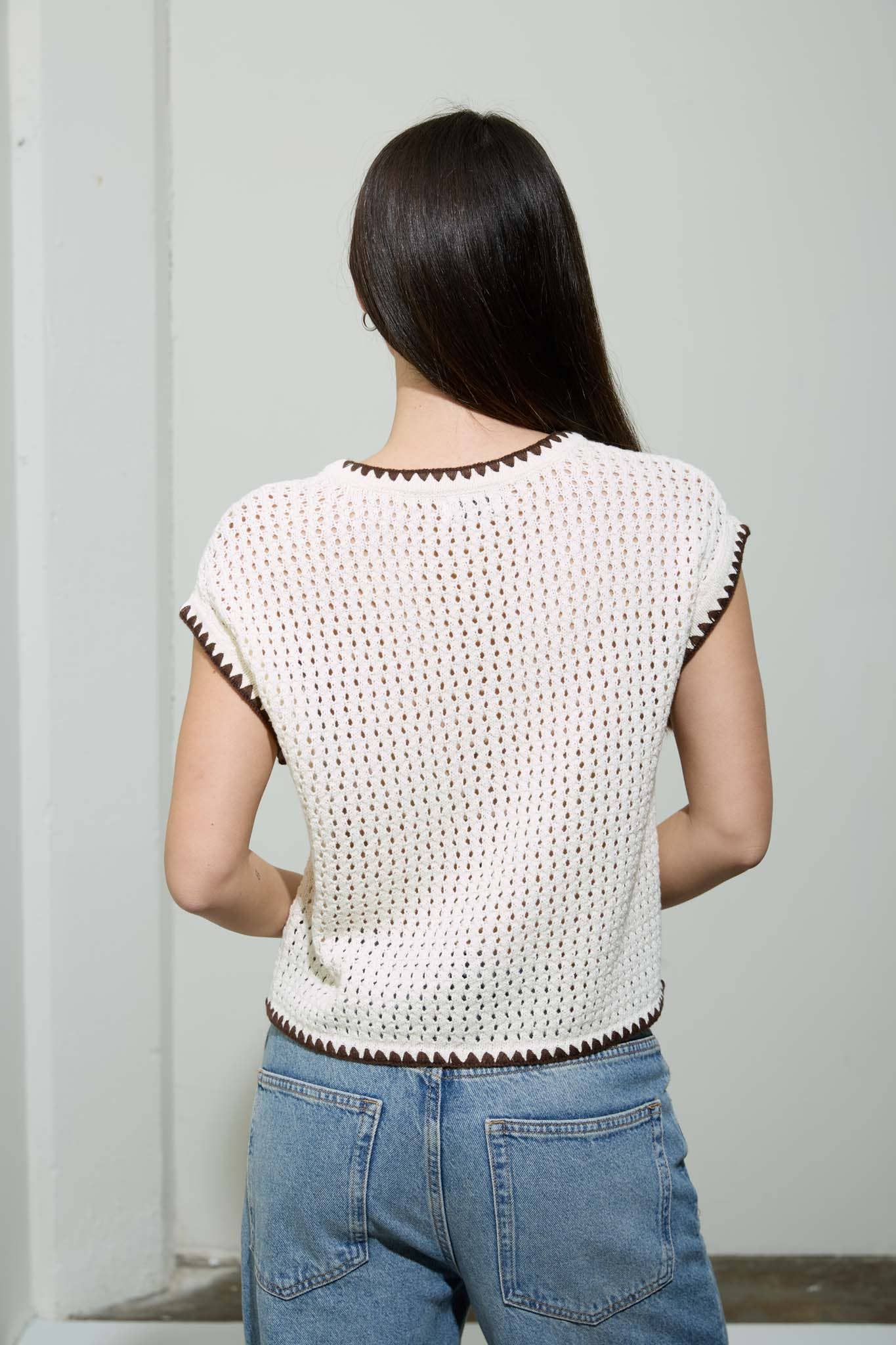 CONTRAST STITCH CROCHET KNIT SHORT SLEEVE CARDIGAN