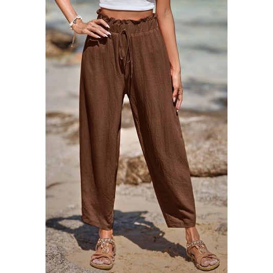 Solid Casual Belt Chiffon Elastic Waist Pants