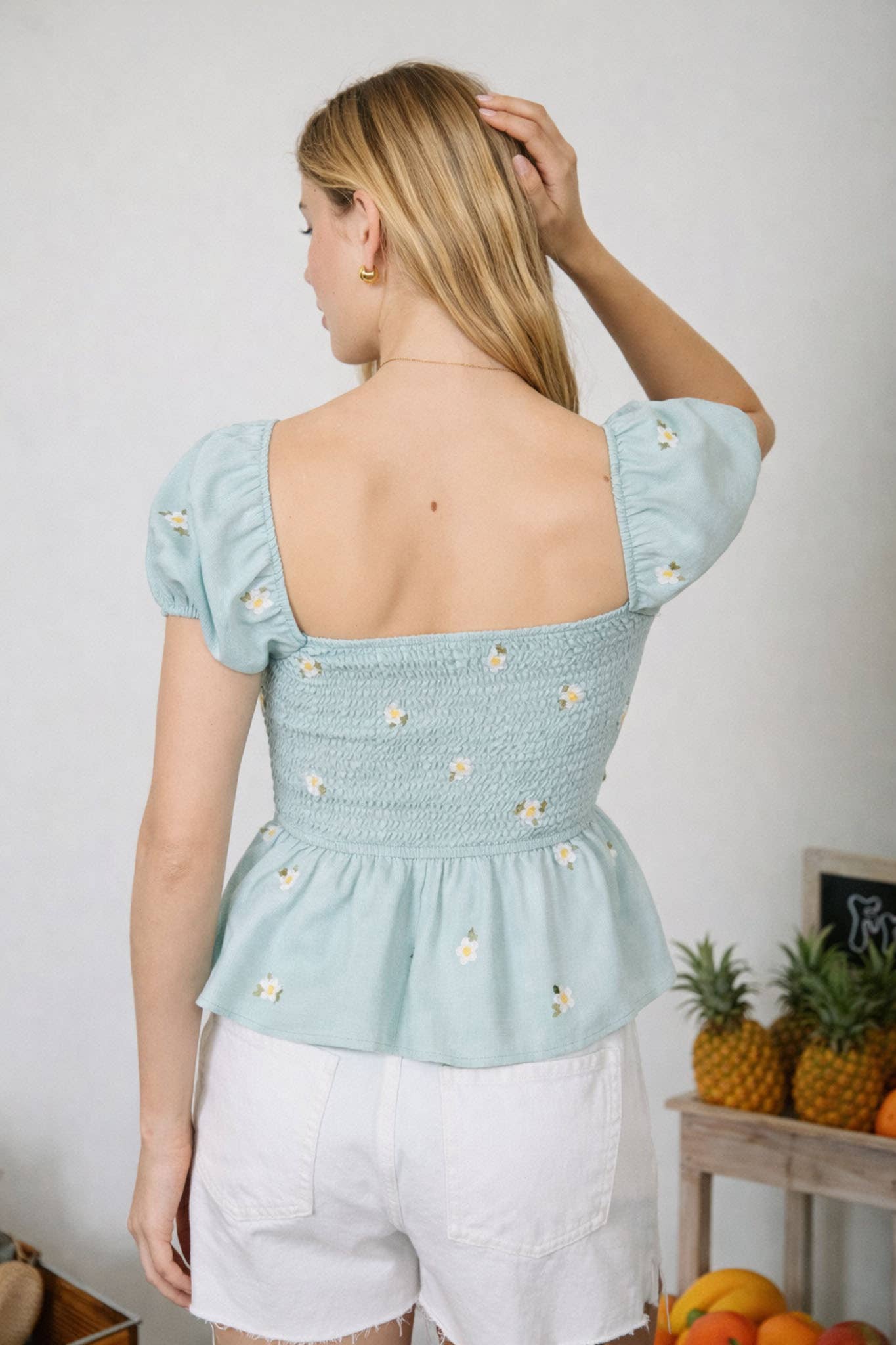 Dusty Mint Floral Embroidered Sleeve Top