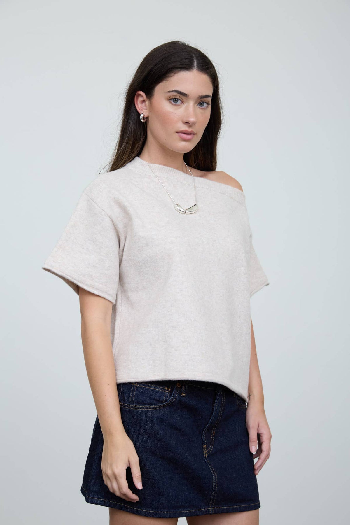 Oatmeal Off-Shoulder Asymmetrical Top