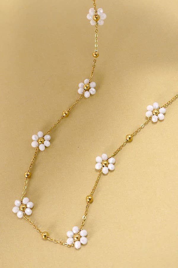 White Beaded Flower Charm Necklace