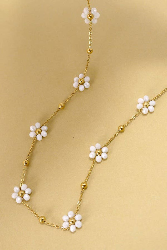 White Beaded Flower Charm Necklace
