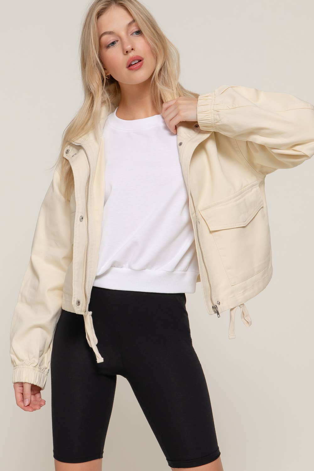 Long Sleeve High Neck Zip Twill Jacket