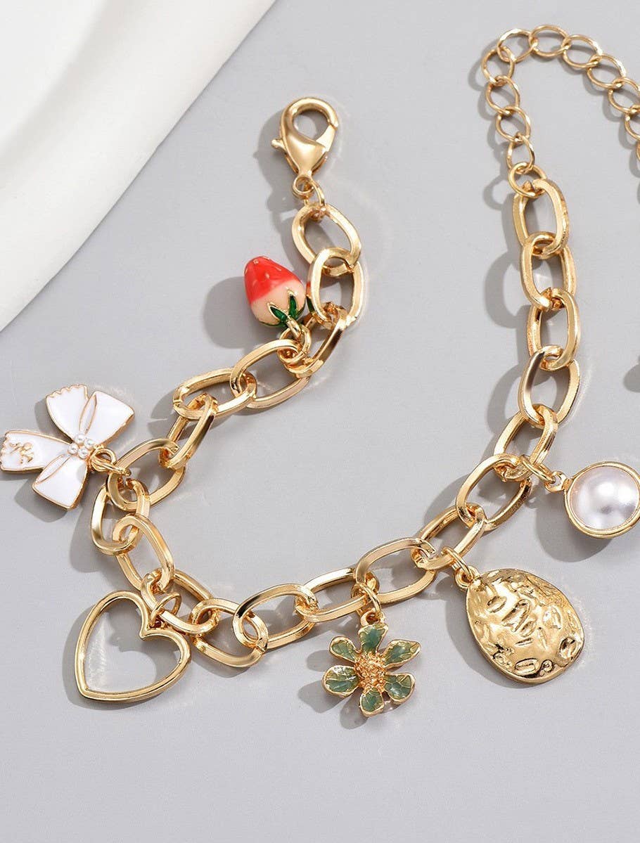 Gold Bow Flower Pearl Charm Bracelet