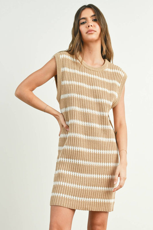 TAUPE STRIPPED KNITTED SWEATER DRESS