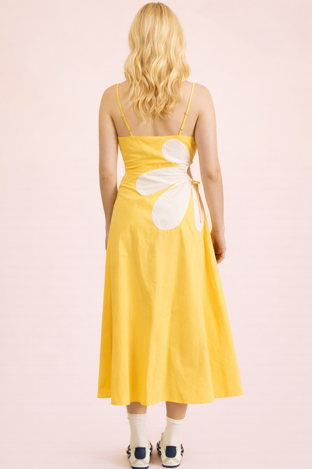 Yellow Side Cutout Floral Detail Midi Dress