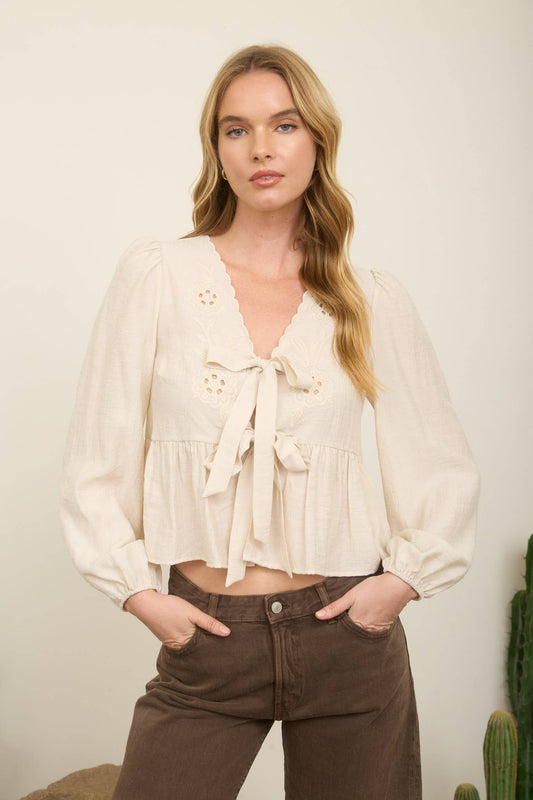 Light Khaki Floral Eyelet Embroidered Front Tie Top