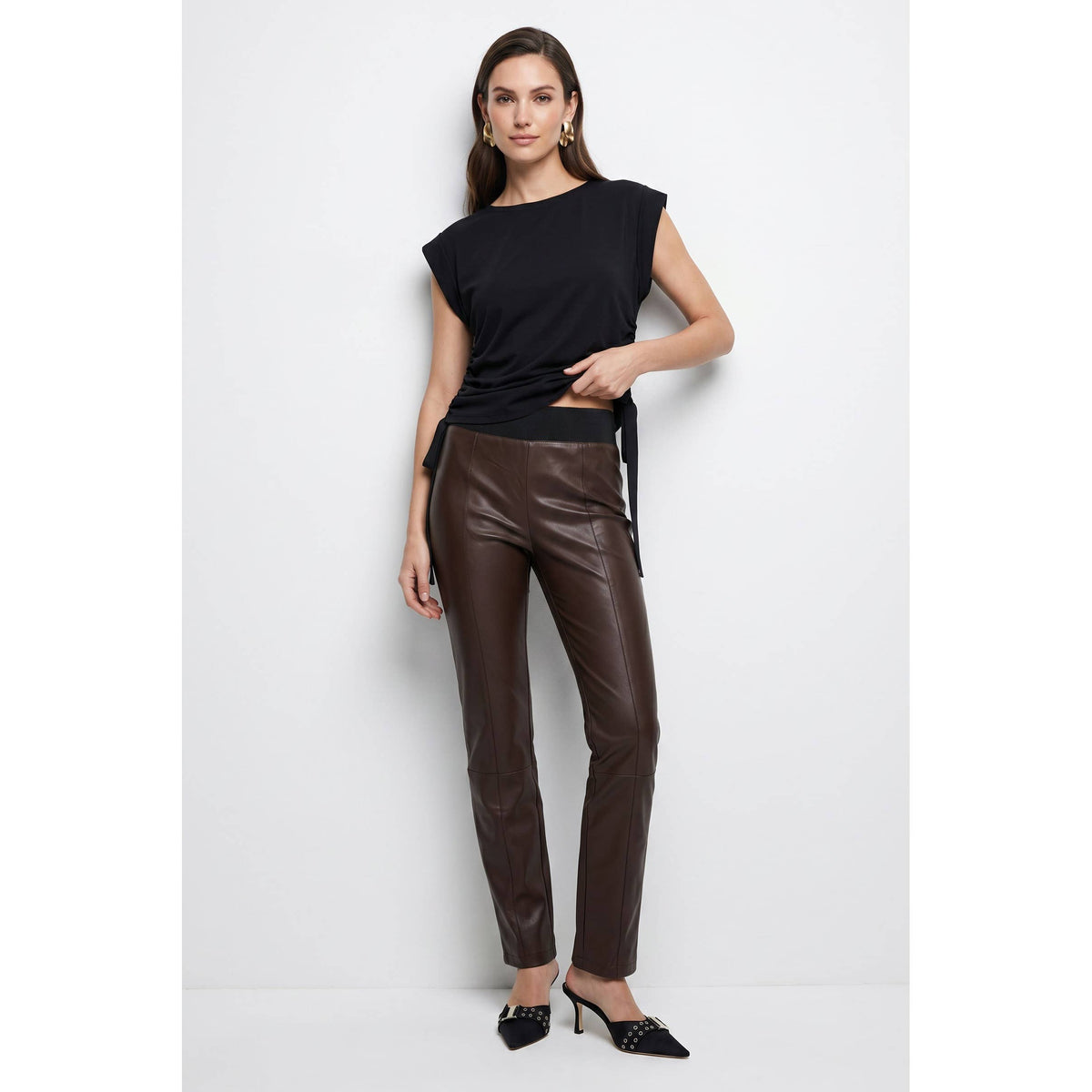 Chocolate Ribbed Waist Leather Leggings