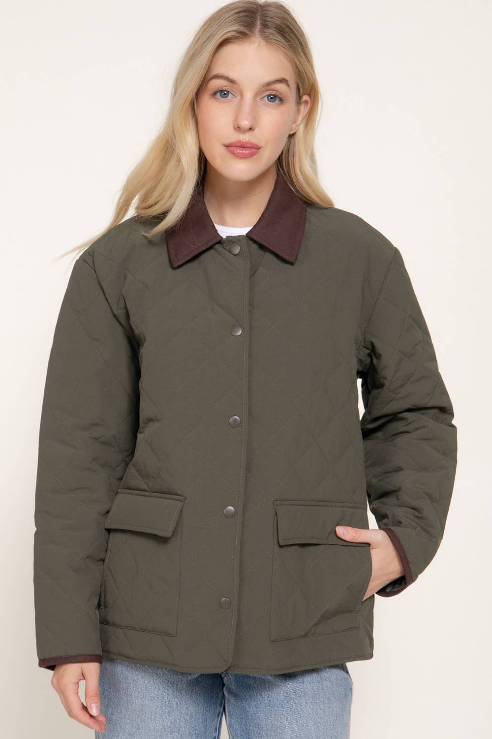 Olive Lapel Collar Quilted Puffer Jacket