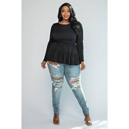 PLUS SIZE LONG PUFF SLEEVES TIERED TOP