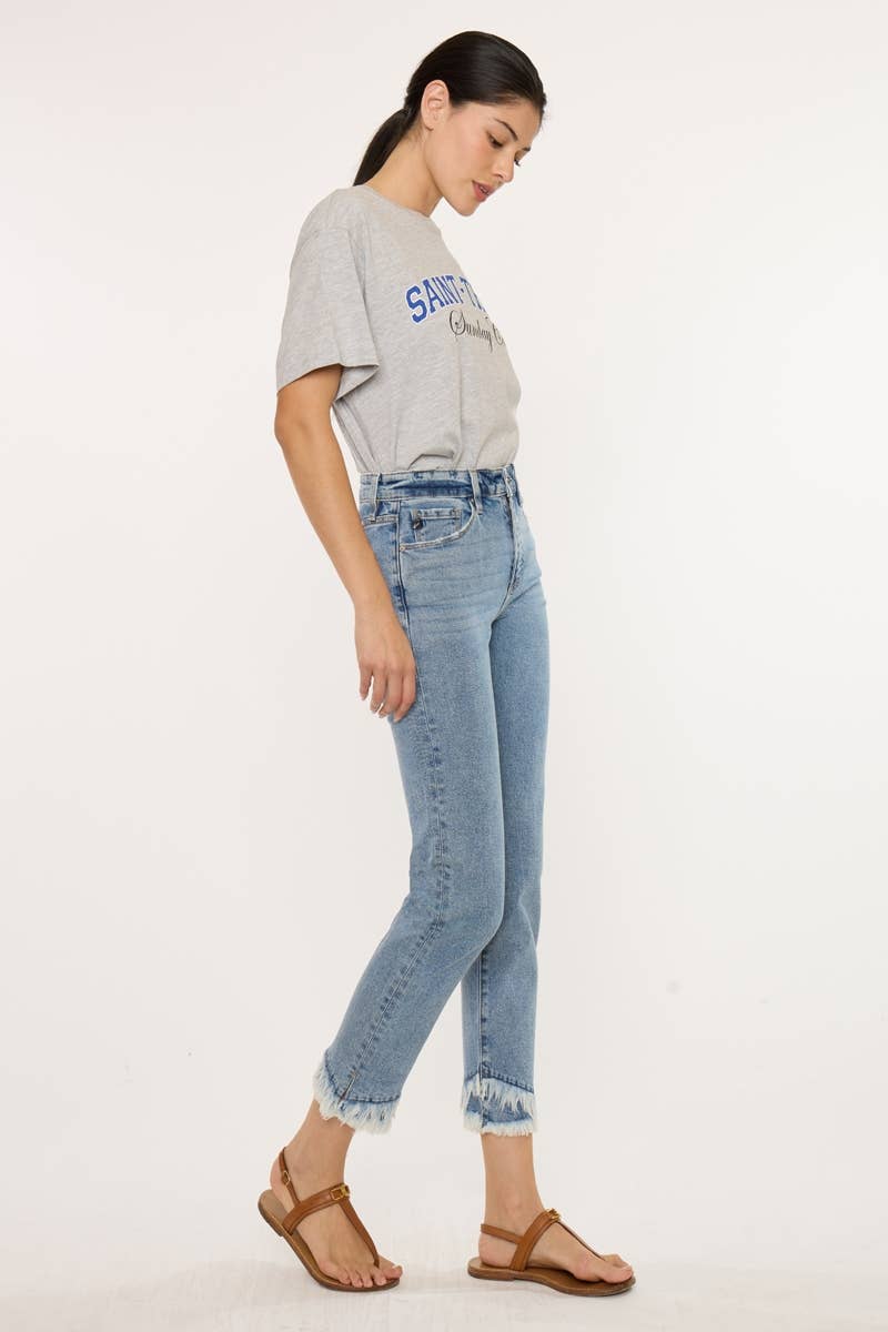Kan Can Medium Wash High Rise Straight Frayed Hem Jeans