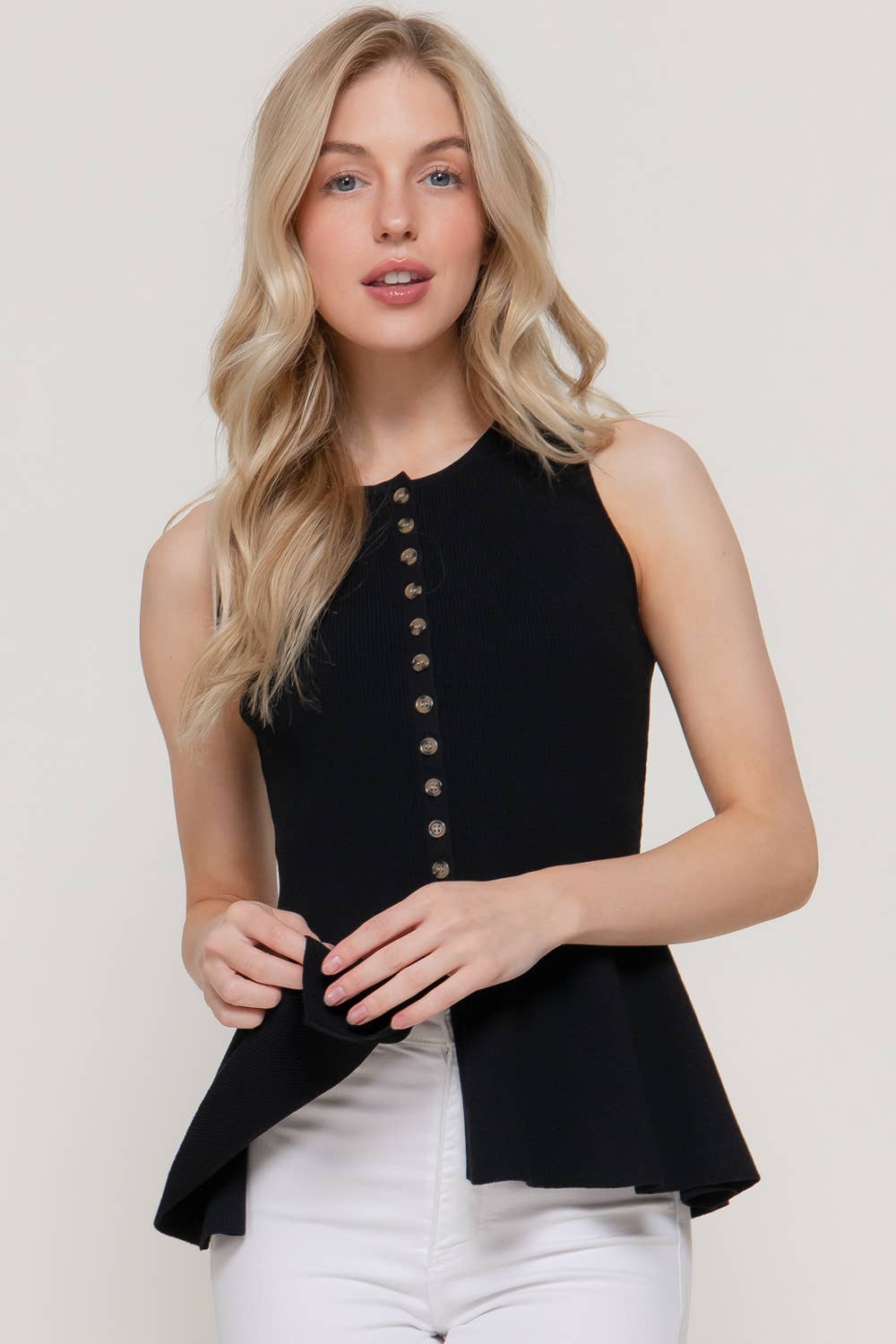 Sleeveless Crew Neck Button Down Peplum Top