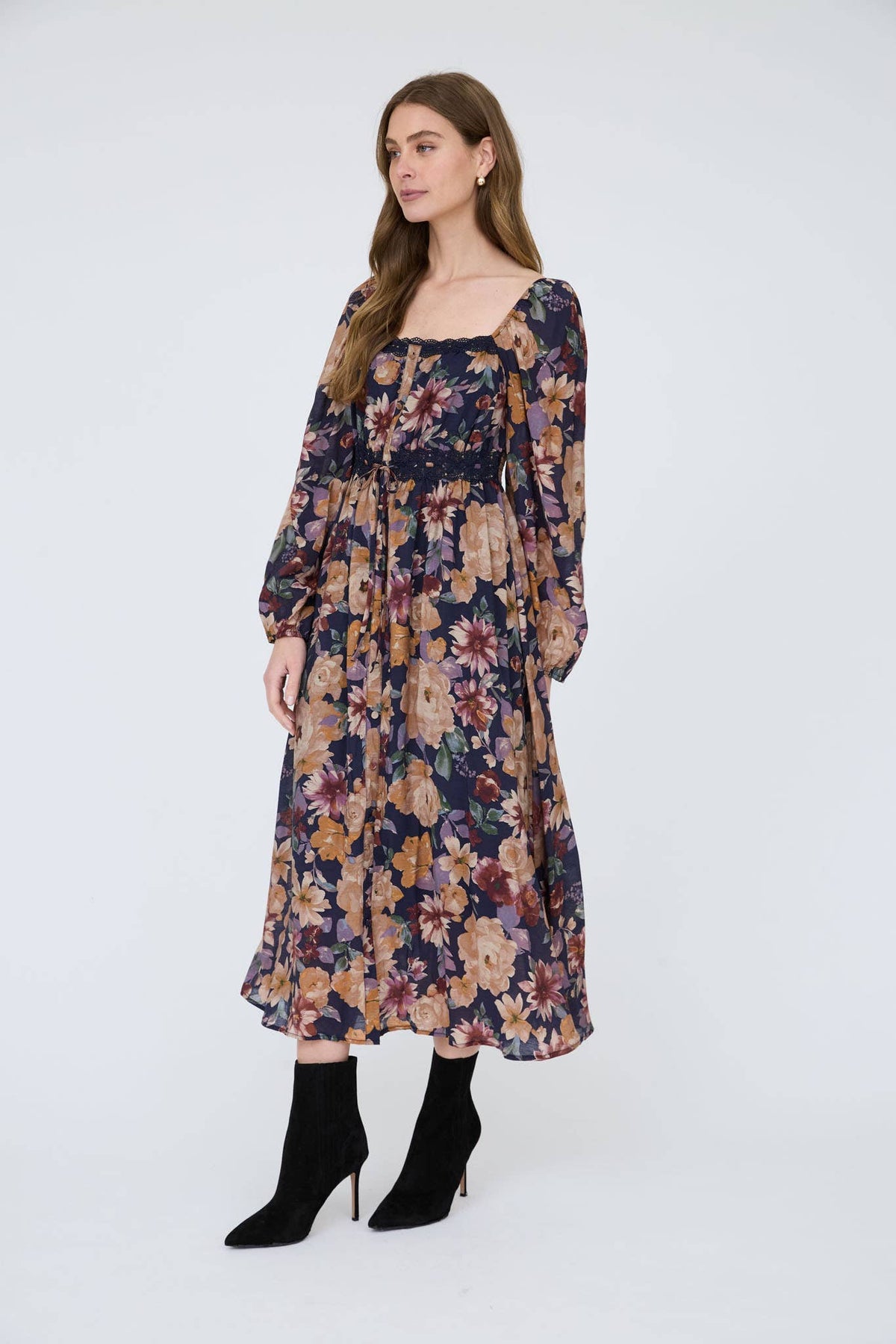 Floral Long Sleeve Lace Detail Dress