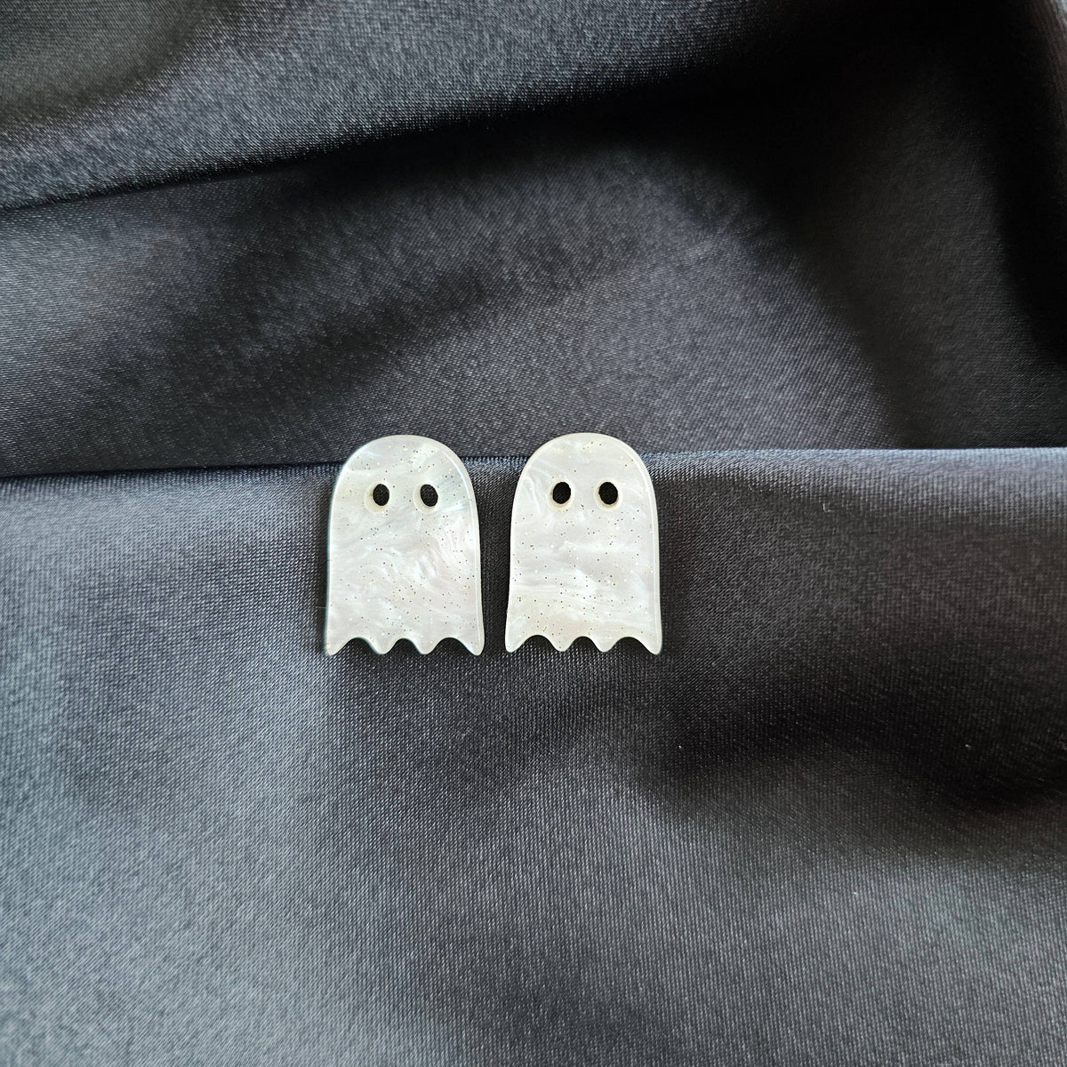 White Shimmer Ghost Stud Earrings
