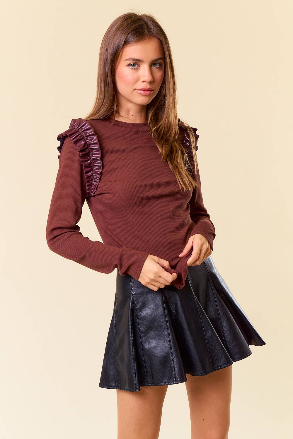 Round Neck Ruffle Shoulder Long Sleeve Top