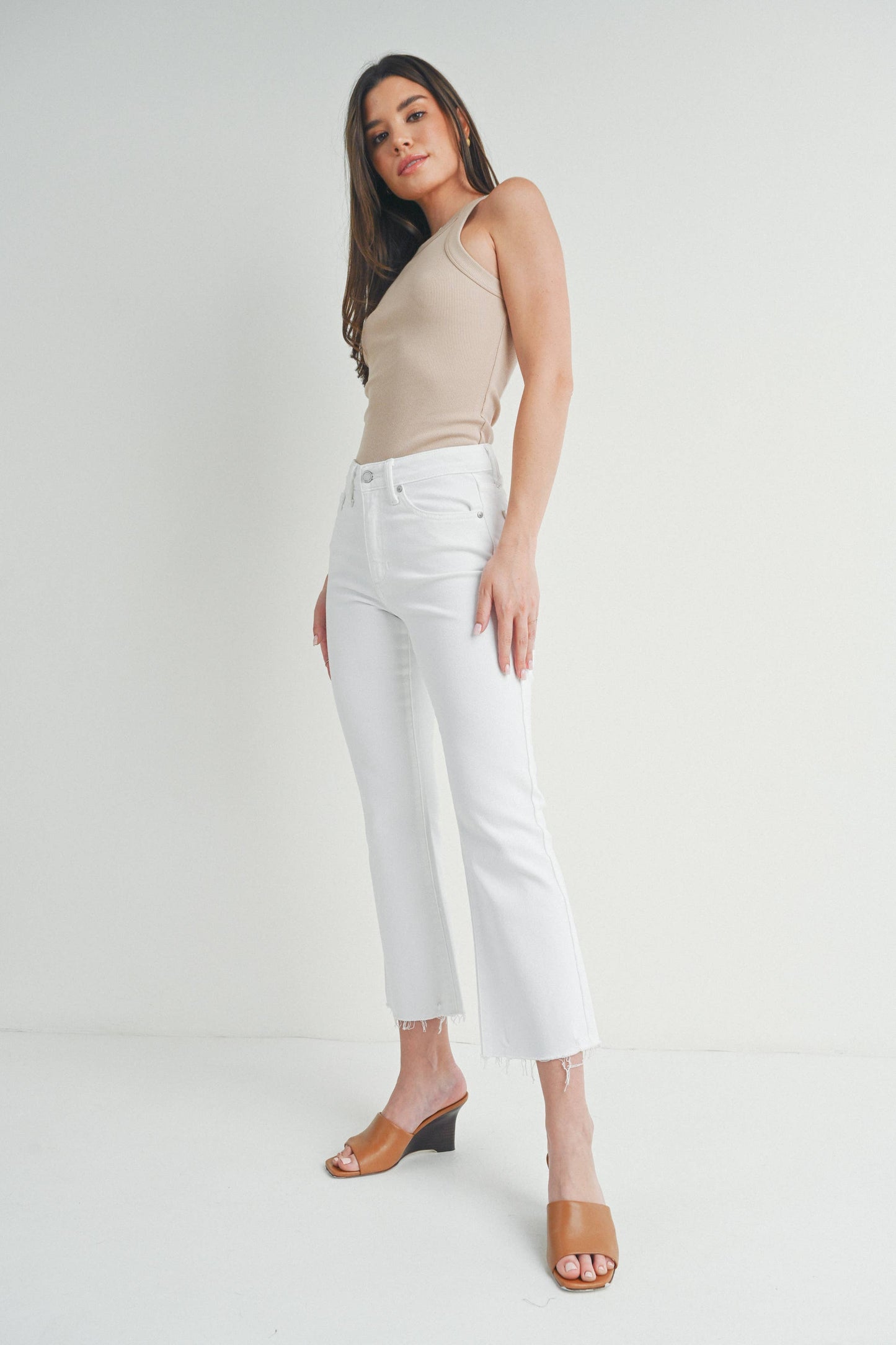 High Rise Crop Flare Jeans w/ Distressed Hem