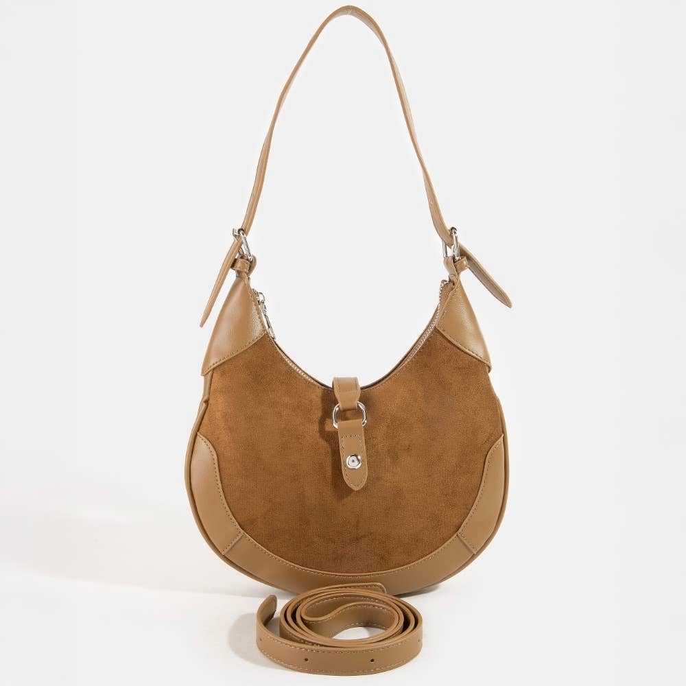 Leather Accent Suede Crescent Shoulder Bag