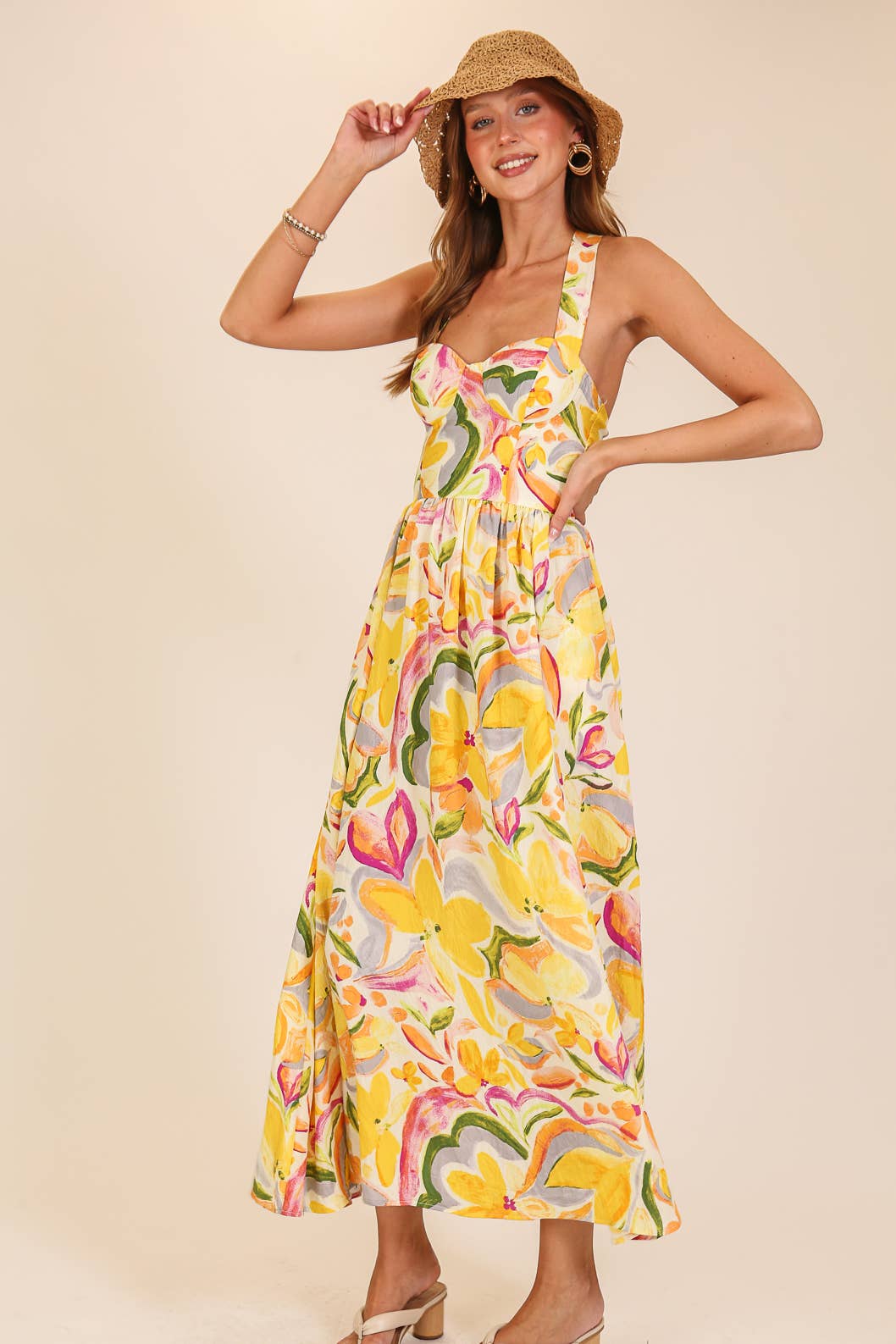 Yellow Floral Lace-Up Maxi Dress