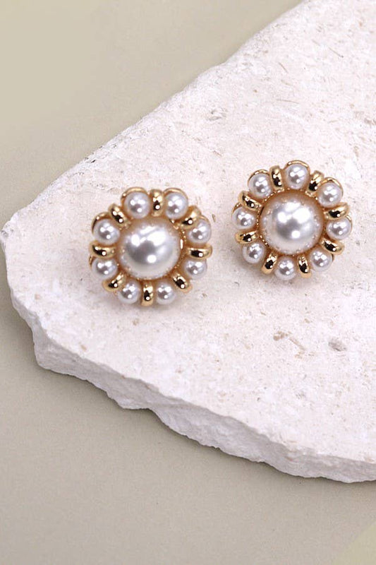 ROUND FLOWER PEARL STUD POST EARRINGS