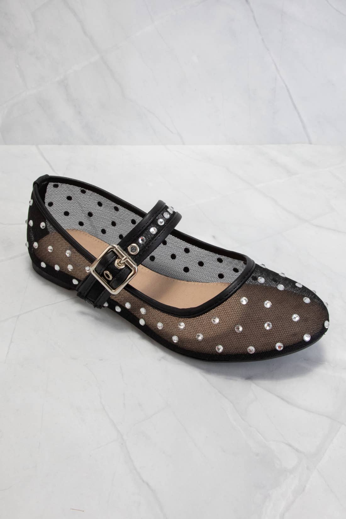 Rhinestone Embellished Mesh Mary Jane Flats