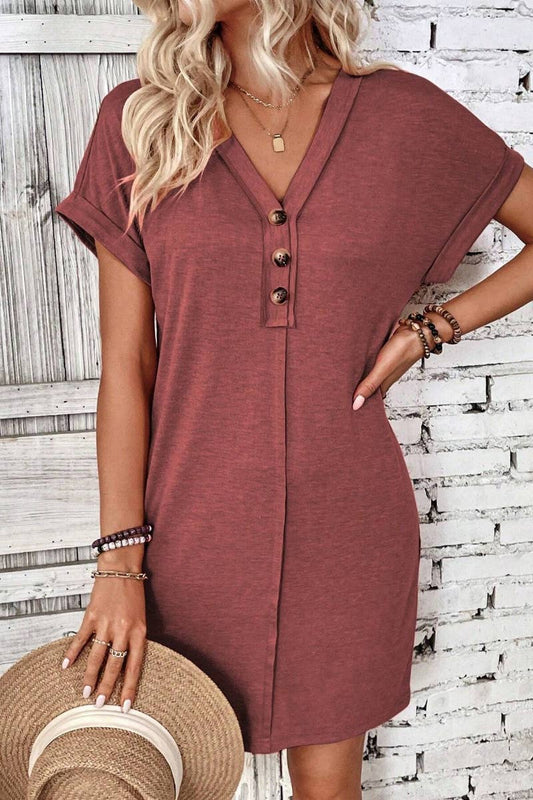 V-NECK BUTTON-UP SHORT SLEEVED DRESS