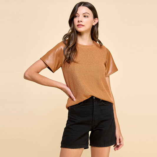 Knit Solid Top with Faux Leather Sleeves