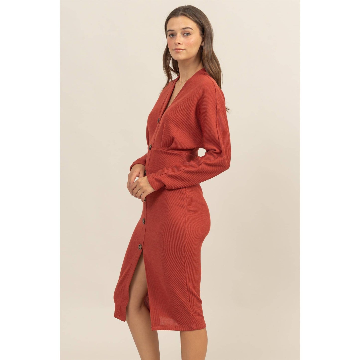 Rust Button-Down Knit Midi Dress