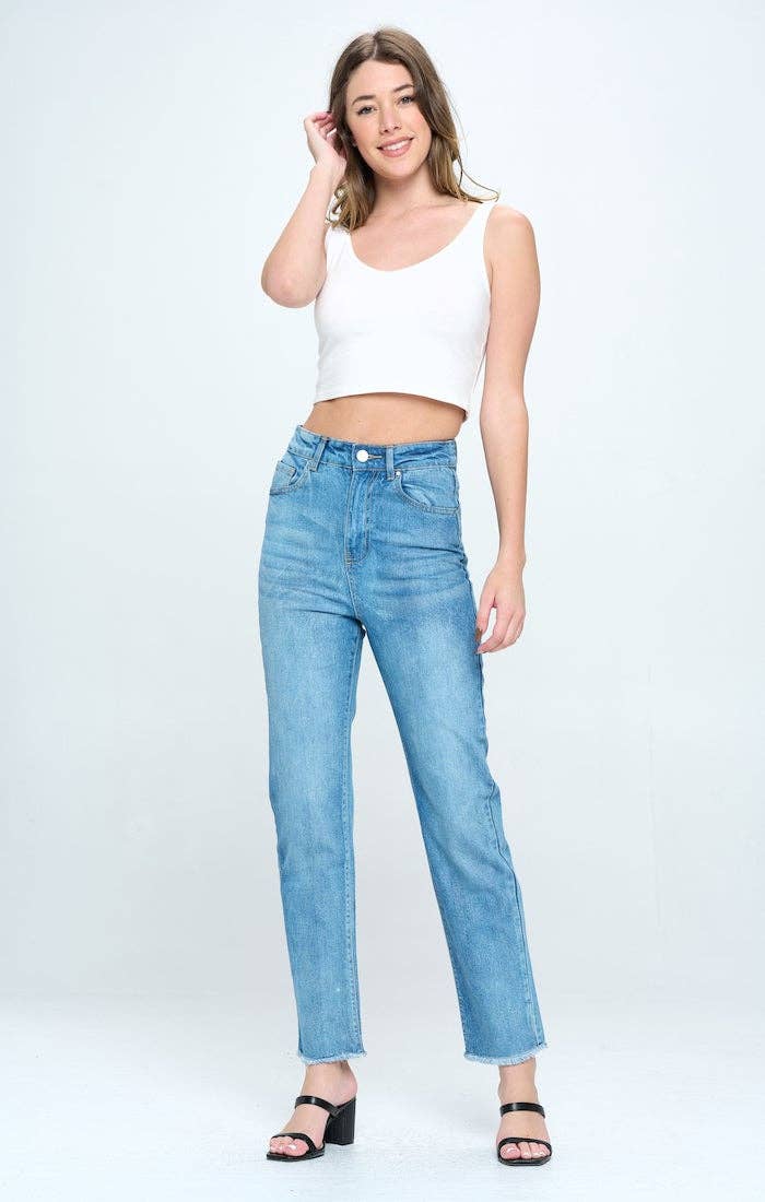 HIGH WAISTED FRAYED HEM CROPPED STRAIGHT JEANS