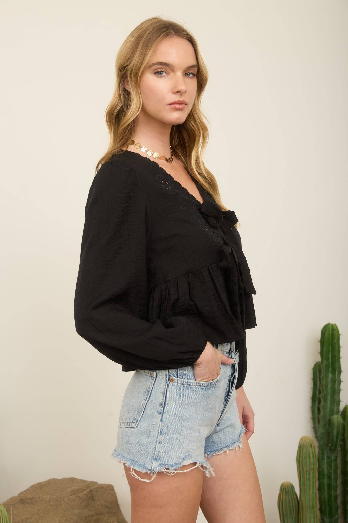 Floral Eyelet Embroidery Front Tie Top