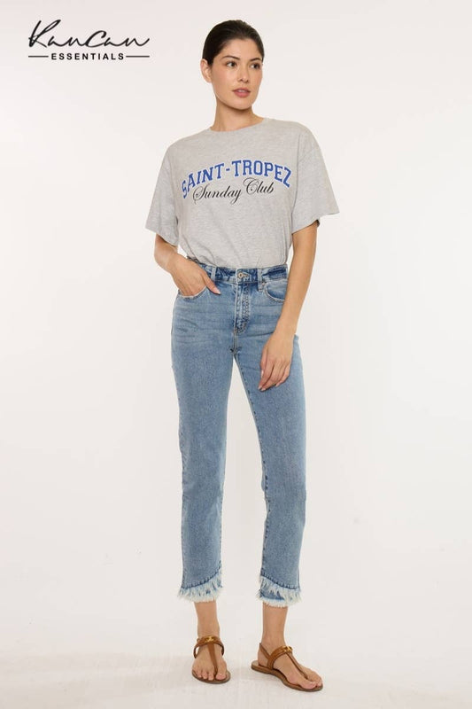 Kan Can Medium Wash High Rise Straight Frayed Hem Jeans