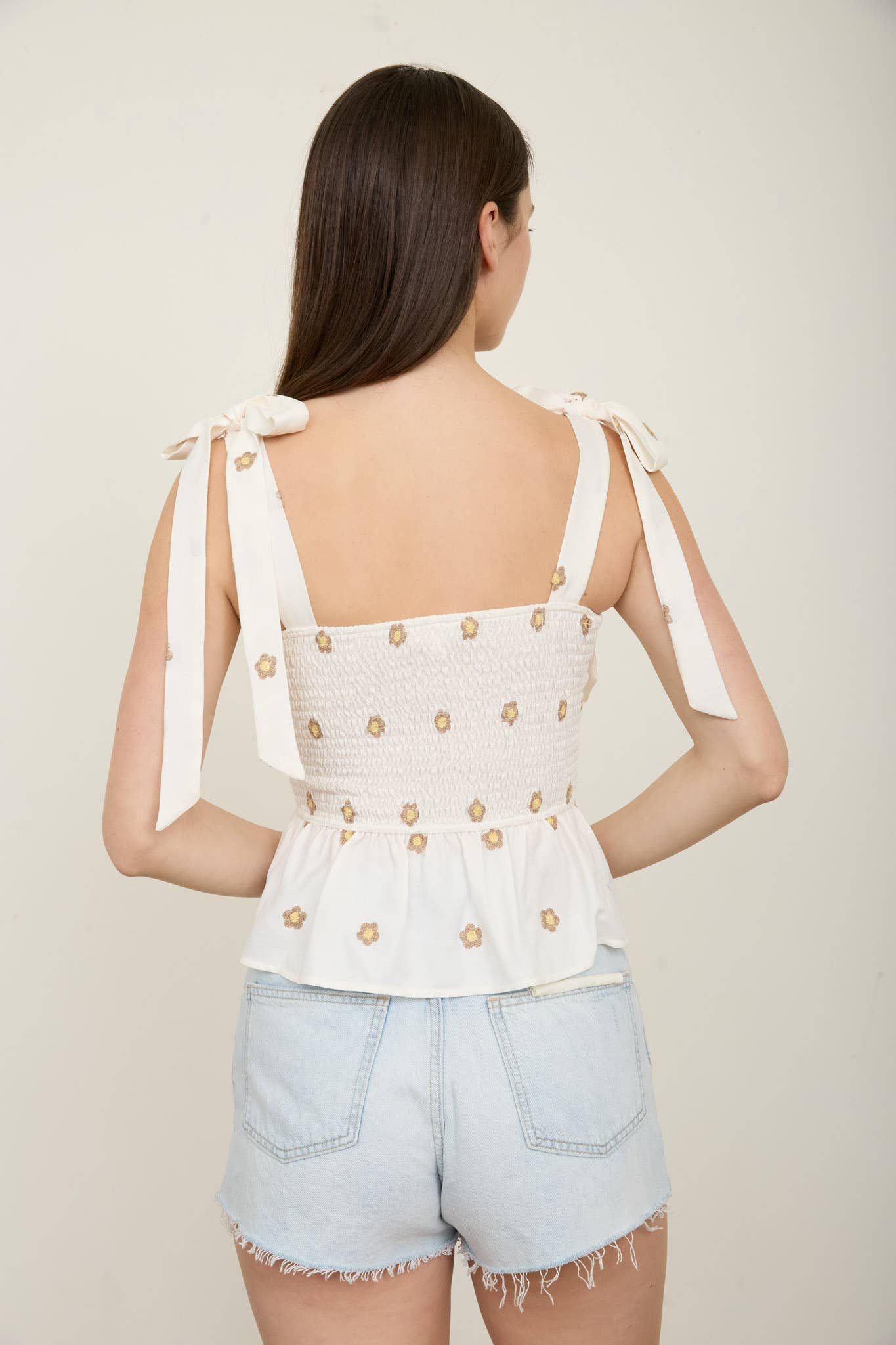 Daisy Embroidered Smocked Tie Strap Top