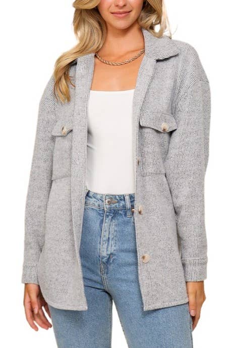Long Sleeve Button Down Brushed Waffle Shacket