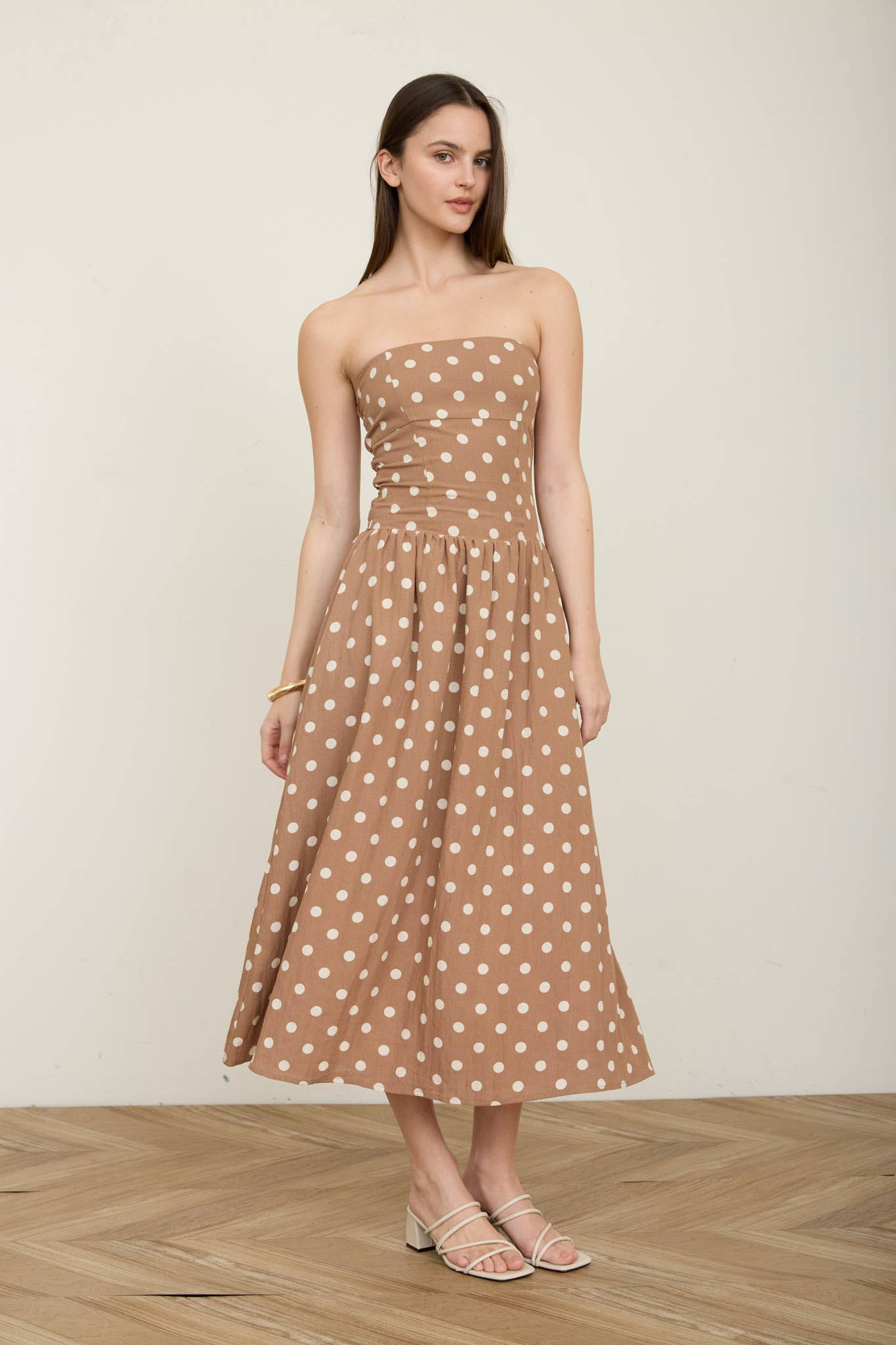 Brown Polka Dot Strapless Midi Dress