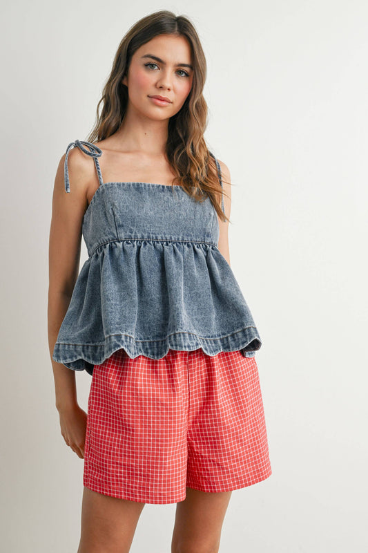 Denim Tie-Strap Peplum Top
