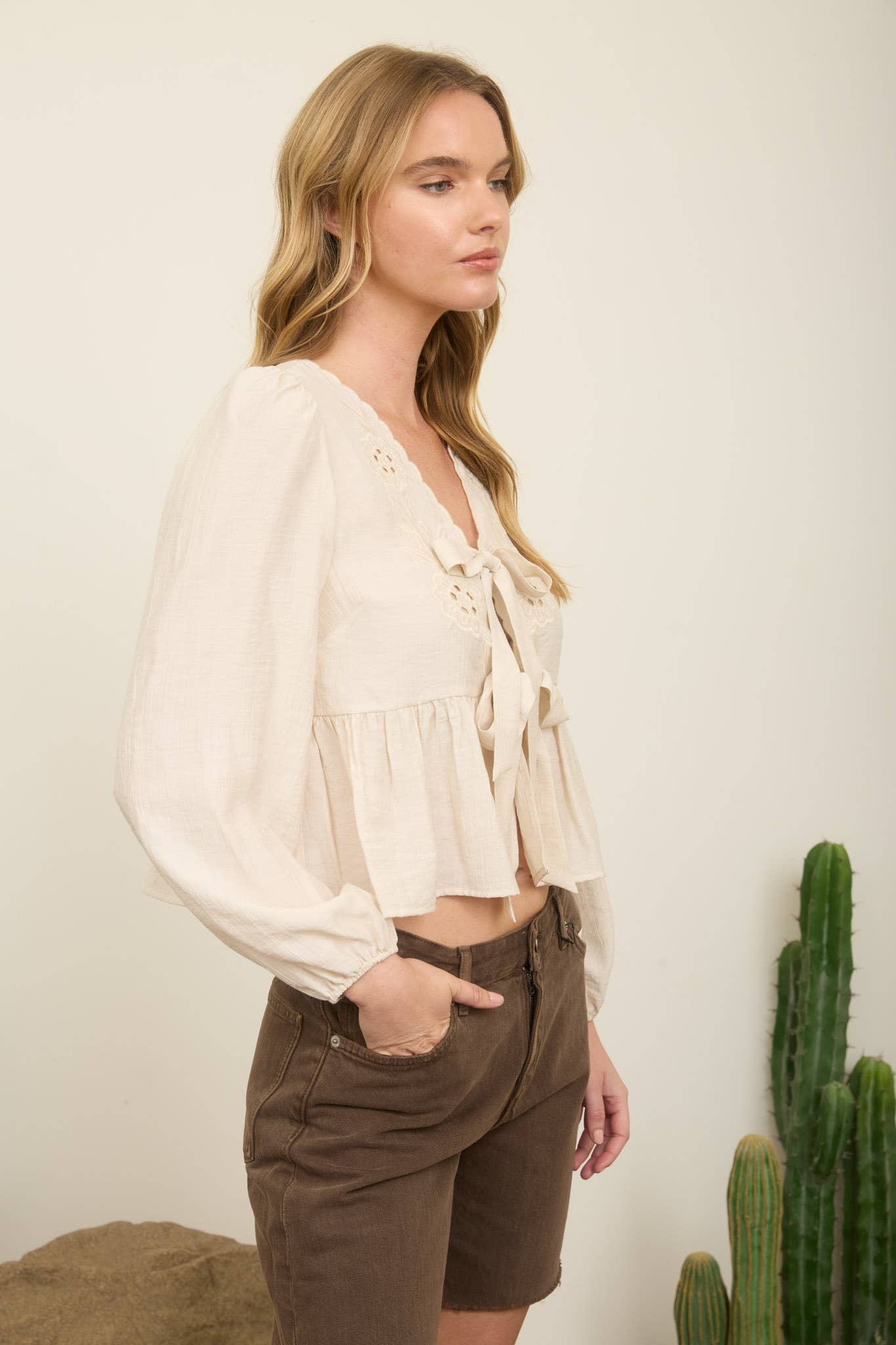 Light Khaki Floral Eyelet Embroidered Front Tie Top