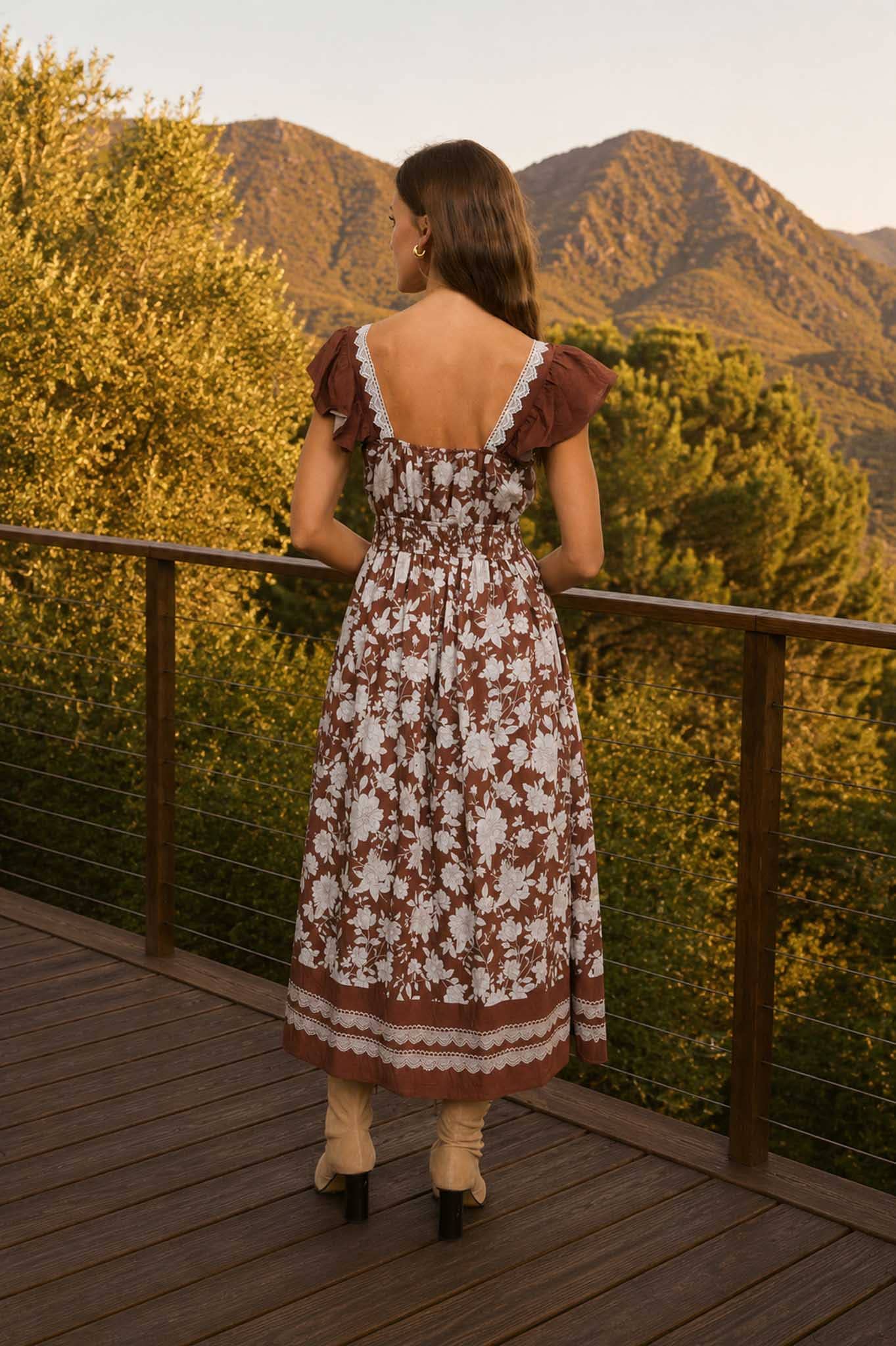 Brown Floral Border Detail Smocked Waist Midi Dress