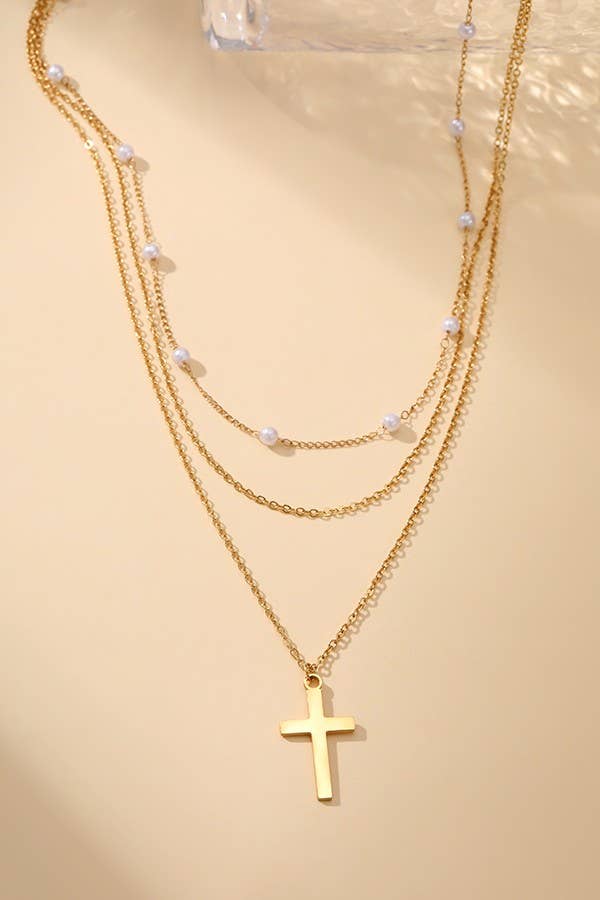 Layered Pearl Cross Necklace