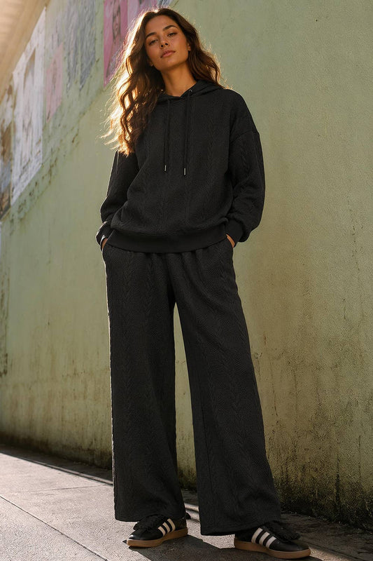 Black Cable Knit Textured Hoodie & Pant Set